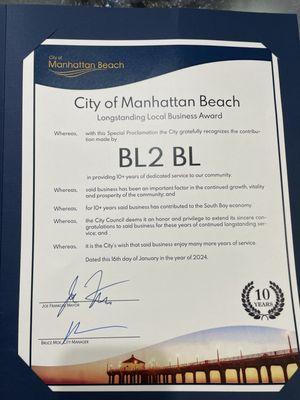 Longstanding Local Business Award From City of Manhattan Beach