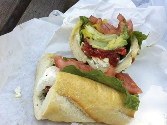 Veggie sandwich on French baguette.