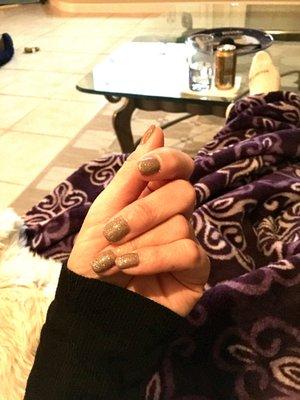 Nails done by Lynn (gel manicure, short, combo of a walnut brown & gold sparkle top coat)