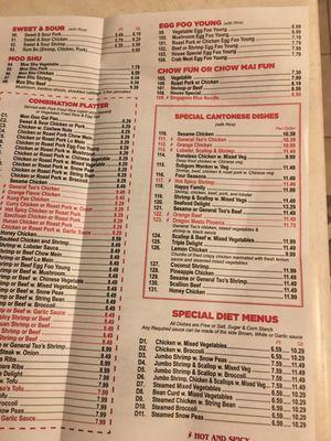 Updated menu prices as of December 2020