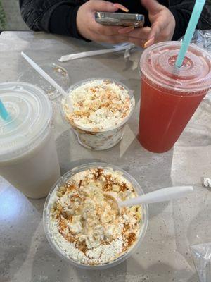 Elote, horchata and watermelon drink