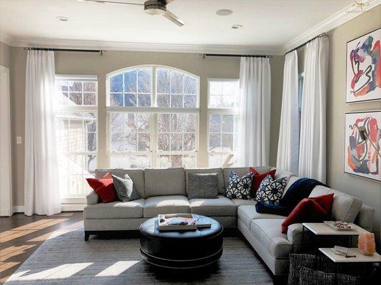 White Curtains on 1" metal Rods; Accent Pillows;   KingFarm Rockville, MD