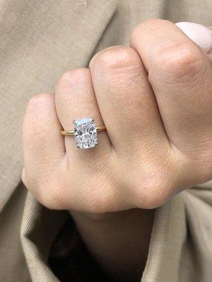 Elongated Cushion cut diamond engagement ring