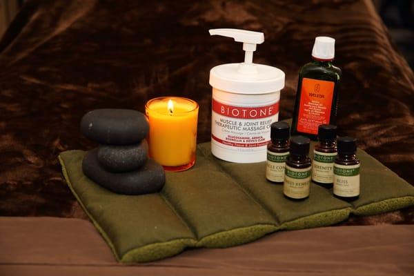 Some products used in your massage sessions to help you relax and relieve muscular aches and pains.