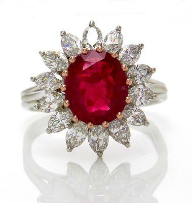 GIA NO HEAT 4.43ct Burma Natural Red Ruby Diamond Cluster Platinum Vintage Ring