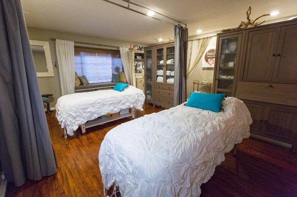 Our treatment room can be divided into two separate rooms or opened up into a couples treatment room.