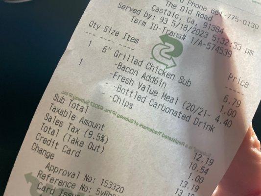 Receipt of a la carte charges for #20 Elite Chicken & Bacon Ranch