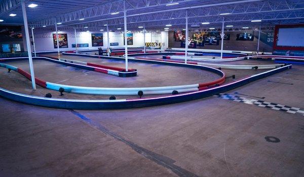 K1 Speed Houston's track is lined with LED lights for exciting indoor racing!