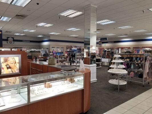 Jewelry counter, large uniform area.