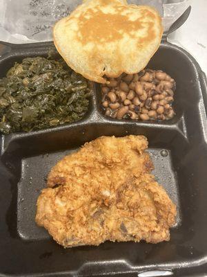 Pork chop, collards, black eyed peas, and a hoecake. Squash didn't make it home