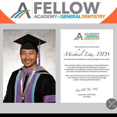 Dr Lim received his fellowship award with the Academy of General Dentistry. Only 6% of dentists have achieved this prestigious recognition.