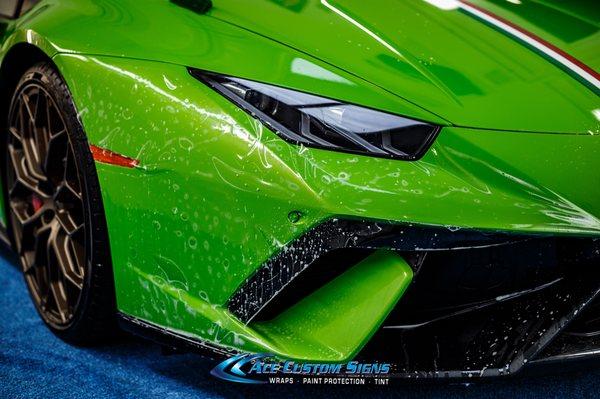 Lamborghini Huracán Performante full car XPEL Ultimate paint protection film (clear bra) install at our facility in Palm Beach