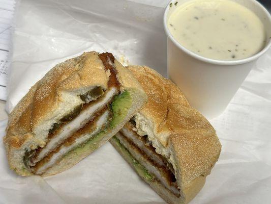 Mexican Chicken Cutlet on a Roll & Sm New England Clam Chowder