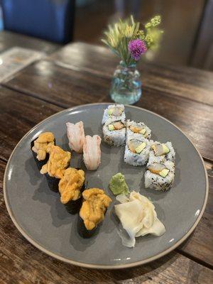 Uni, sweet shrimp, spicy scallop roll