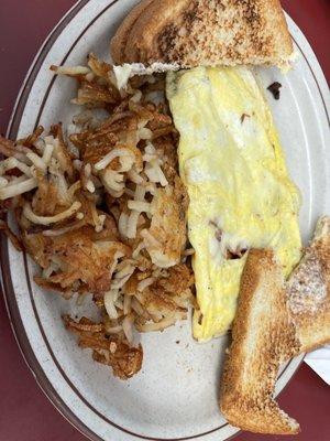 Omelette with bacon and cheese, hashbrowns, and toast