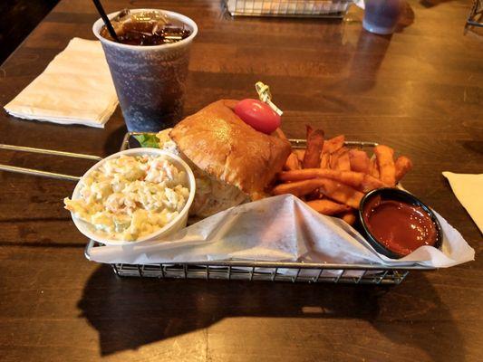 Shrimp salad sandwich and sweet potatoes fries.