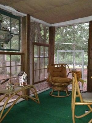 Almost finished! Cloth from Carolina Fabric on ceiling of 14x16 screened-in porch, hiding insulation between rafters.