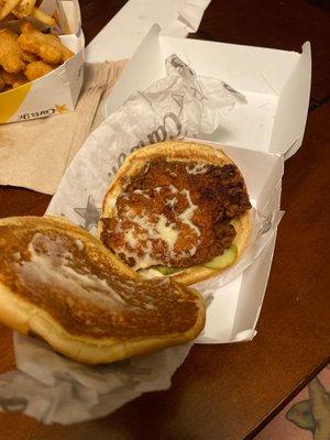 Burnt Hand-Breaded Chicken Sandwich, this sandwich does not even look appetizing.