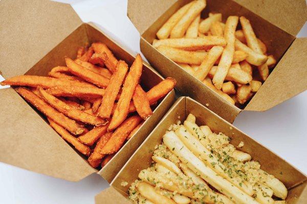 Sweet Potato Fries, Fries, and Garlic Fries