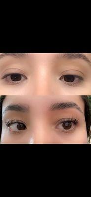 Before and after lash lift with tint and brow lamination