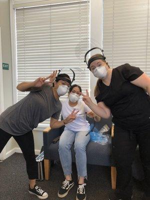 Our wonderful staff trying on our new PPE to get ready for the re-opening after COVID-19 shutdown