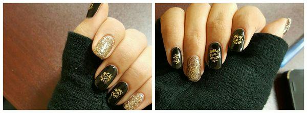 Gel mani; gold leaf/foil on black + gold/black glitter