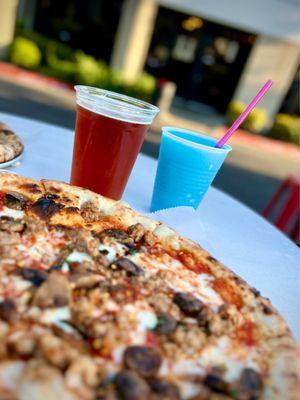 Amber Ale and Raspberry Slush, pizza from "Italia Pasta e Pizza"