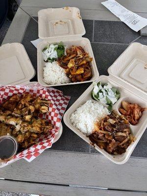 Seafood pancake (side), spicy pork, and spicy chicken