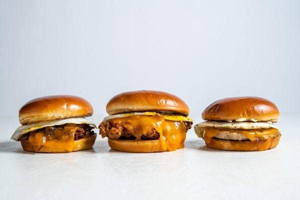 Brioche Breakfast Sandwiches. Egg, Cheddar, Mayo, Choice of protein (Fried Chicken, Breakfast Sausage, Bacon).