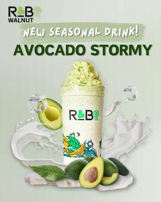 New seasonal drink! Try the Avocado Stormy - ice blended made with fresh avocado, condensed milk, and cheese cream swirl around the cup.