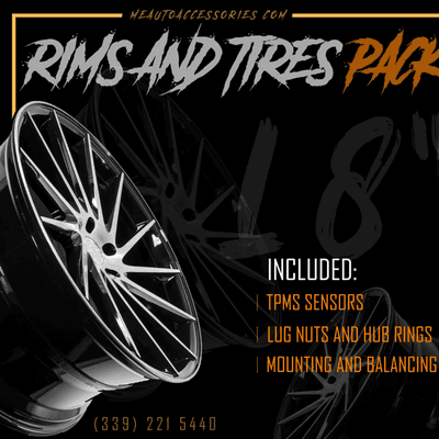 SPECIAL OFFER!
18" Rims and Tires.
Includes: 
Labor, TPMS Sensors, Lug Nuts, Hub Center Rings
Just for $1500