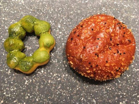 Matcha donut + curry bun.