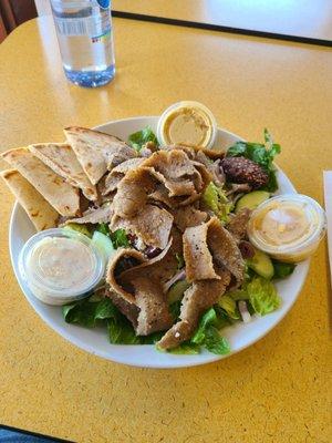 Daphne's salad with gyro meat, pita, hummus & a falafel.