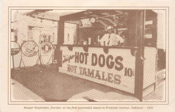 Kasper Koojoolian, founder, at his first successful stand on Fruitvale Avenue, Oakland - 1931