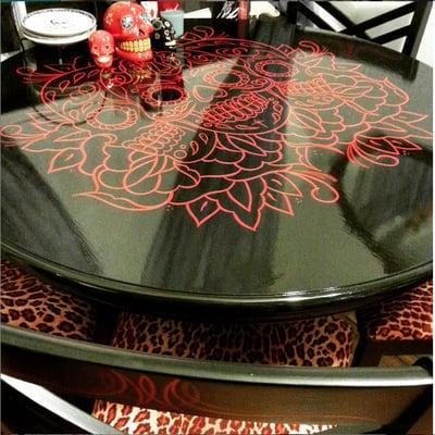 Custom Dining Room Set! Pinstripes, Skulls and Leopard! Skull salt and pepper shakers from Spitfire too...