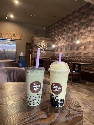 Matcha latte with almond milk and boba Mango smoothie with boba