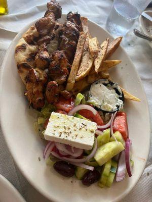 Chix Souvlaki, w Greek Salad and French Fries (like my mother used to make)