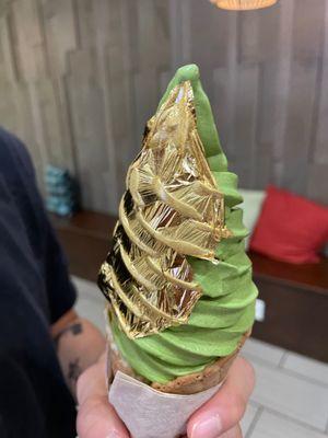 matcha soft serve with gold leaf