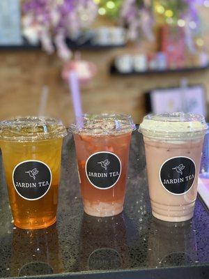 lychee jasmine green tea, strawberry hibiscus tea w/ lychee jelly, jardin pink milk tea (left to right)