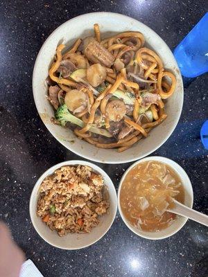 Option of fried rice or white rice, and hot & sour soup or egg drop soup comes with your meal