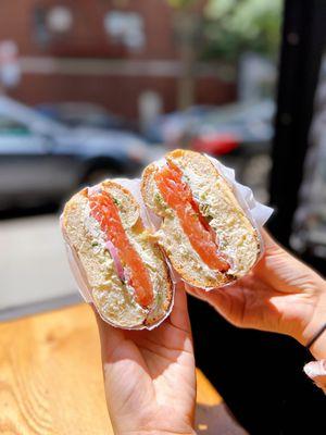 Lox Bagel with Scallion Cream Cheese, Capers, & Red Onion