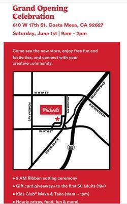 Michaels is hosting their Grand Opening (actually reopening a closed location) on Saturday, 06/01/24, 9 A.M. and 2 P.M.