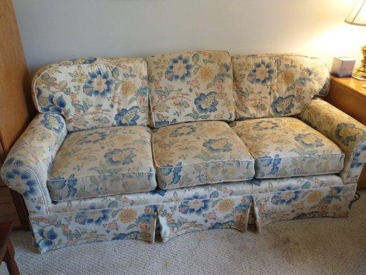 Sofa in den before reupholstery.