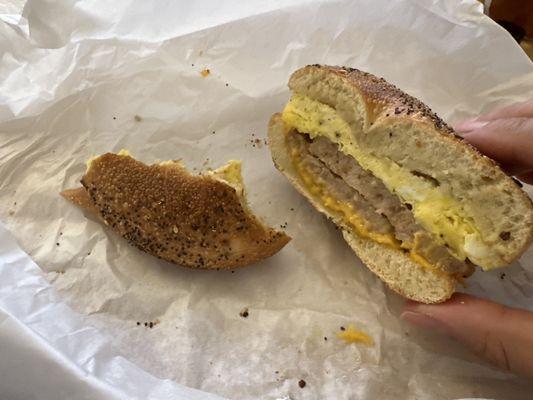 Breakfast sandwich with sausage on everything bagel! So good!