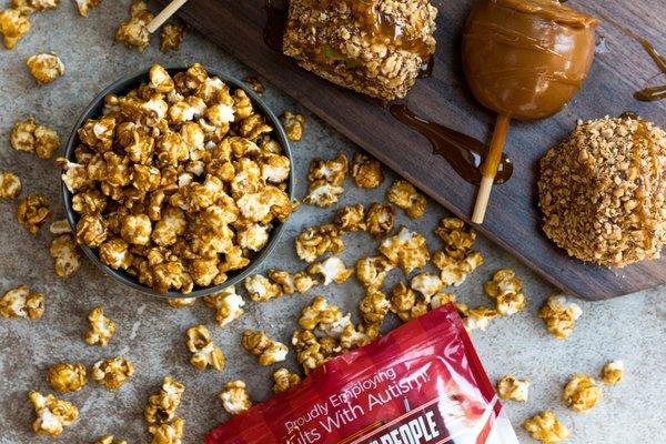 Caramel flavored popcorn! (NOTE: Our popcorn is nut-free, the nuts used in this image are for visual purposes only)