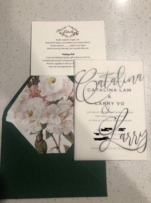 Envelope liner, invite, rsvp card and vellum all printed at Cantu