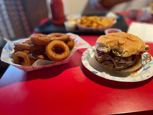 Double cheese burger and onion rings