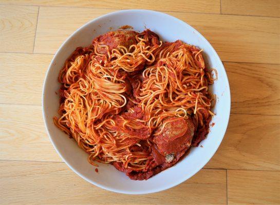 Capellini with homestyle tomato sauce and meatballs - excellent