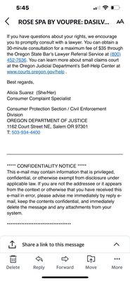 Response from Oregon State Consumer Affairs Board, to sue them.