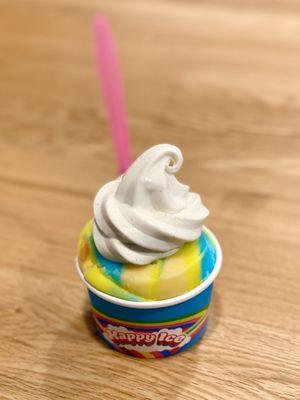 Pineapple, Blue Raspberry and Mango with ice cream on top.